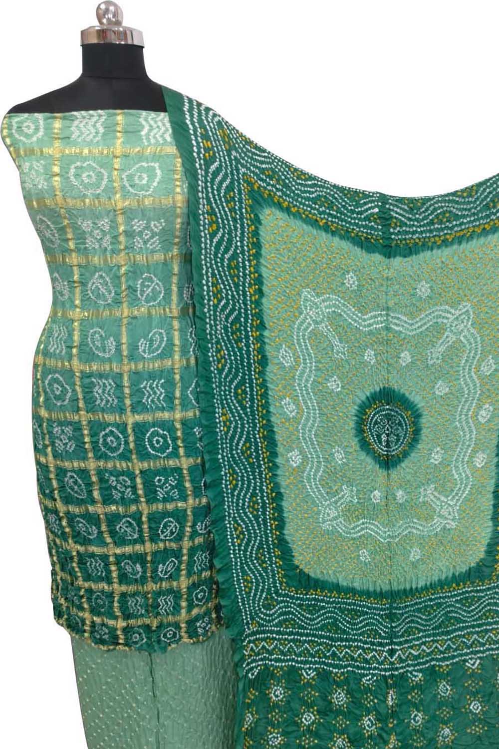 Blue Bandhani Gajji Silk Unstitched Suit — Geometric Dot Patterns, Ethnic & Festive