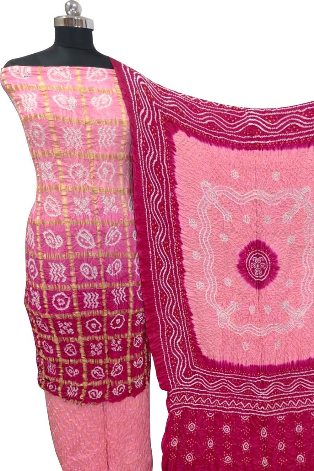 Pink Bandhani Gajji Silk Unstitched Suit — Circular Wave Motifs, Bridal & Festive
