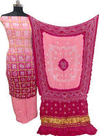 Pink Bandhani Gajji Silk Unstitched Suit — Circular Wave Motifs, Bridal & Festive