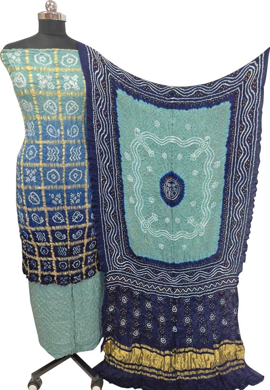 Blue Bandhani Gajji Silk Unstitched Suit — Leheriya-Inspired Waves, Festive & Bridal