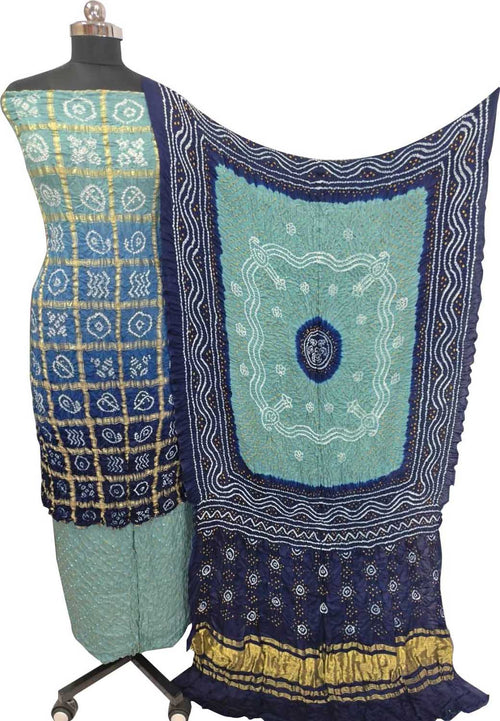 Blue Bandhani Gajji Silk Unstitched Suit — Leheriya-Inspired Waves, Festive & Bridal