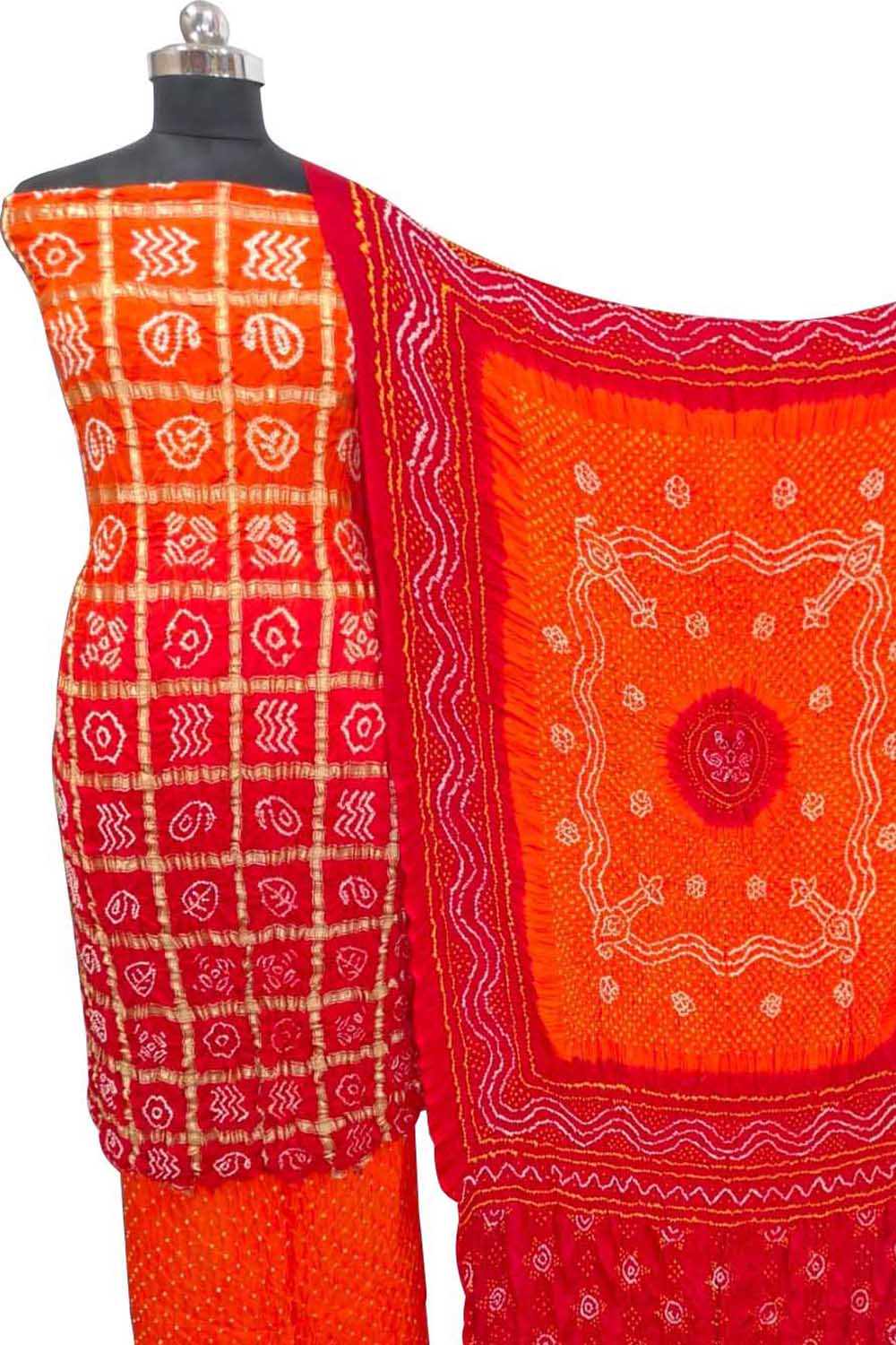 Orange Bandhani Gajji Silk Unstitched Suit — Vibrant Tie-Dye, Navratri & Festive