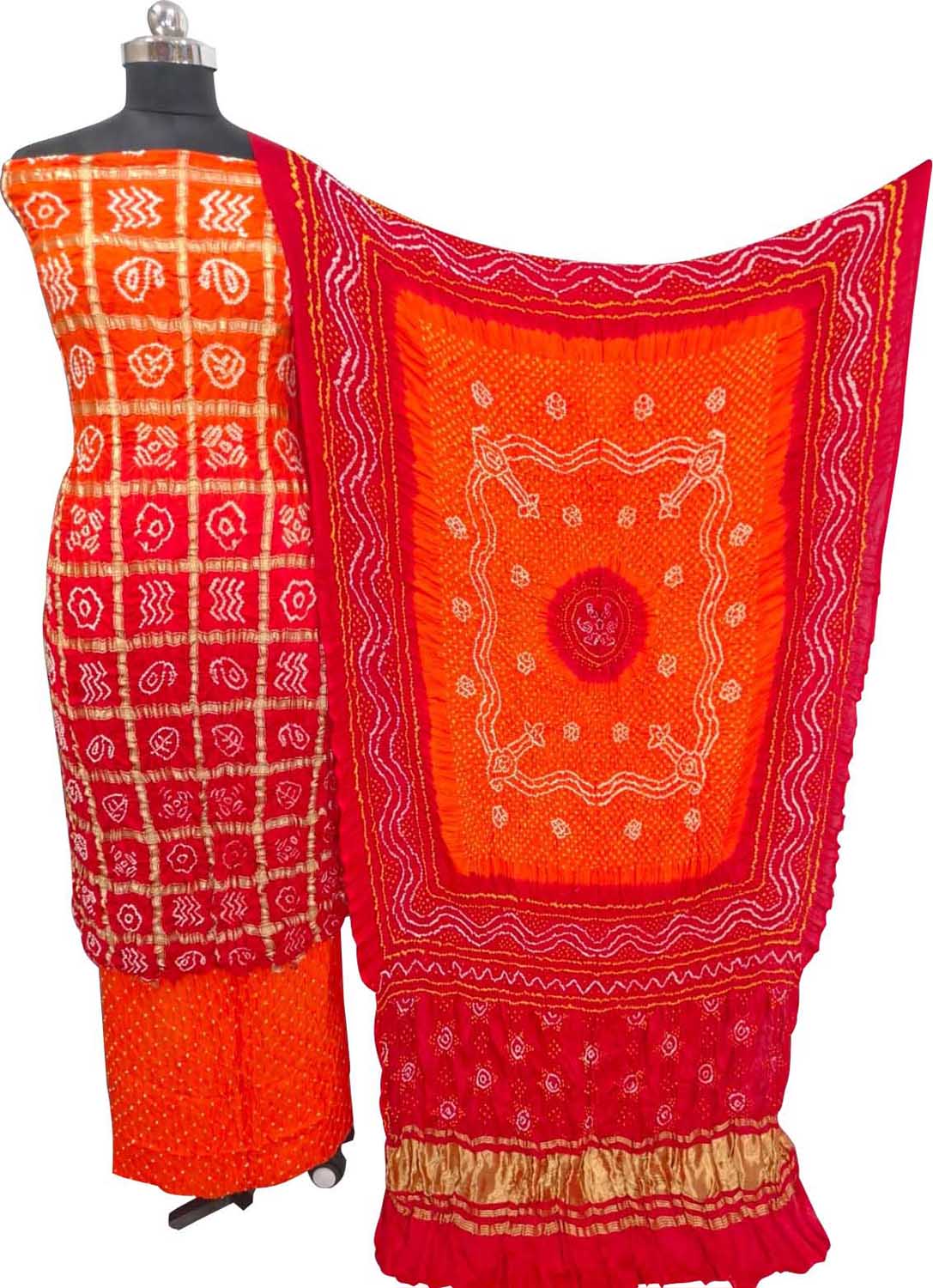 Orange Bandhani Gajji Silk Unstitched Suit — Vibrant Tie-Dye, Navratri & Festive