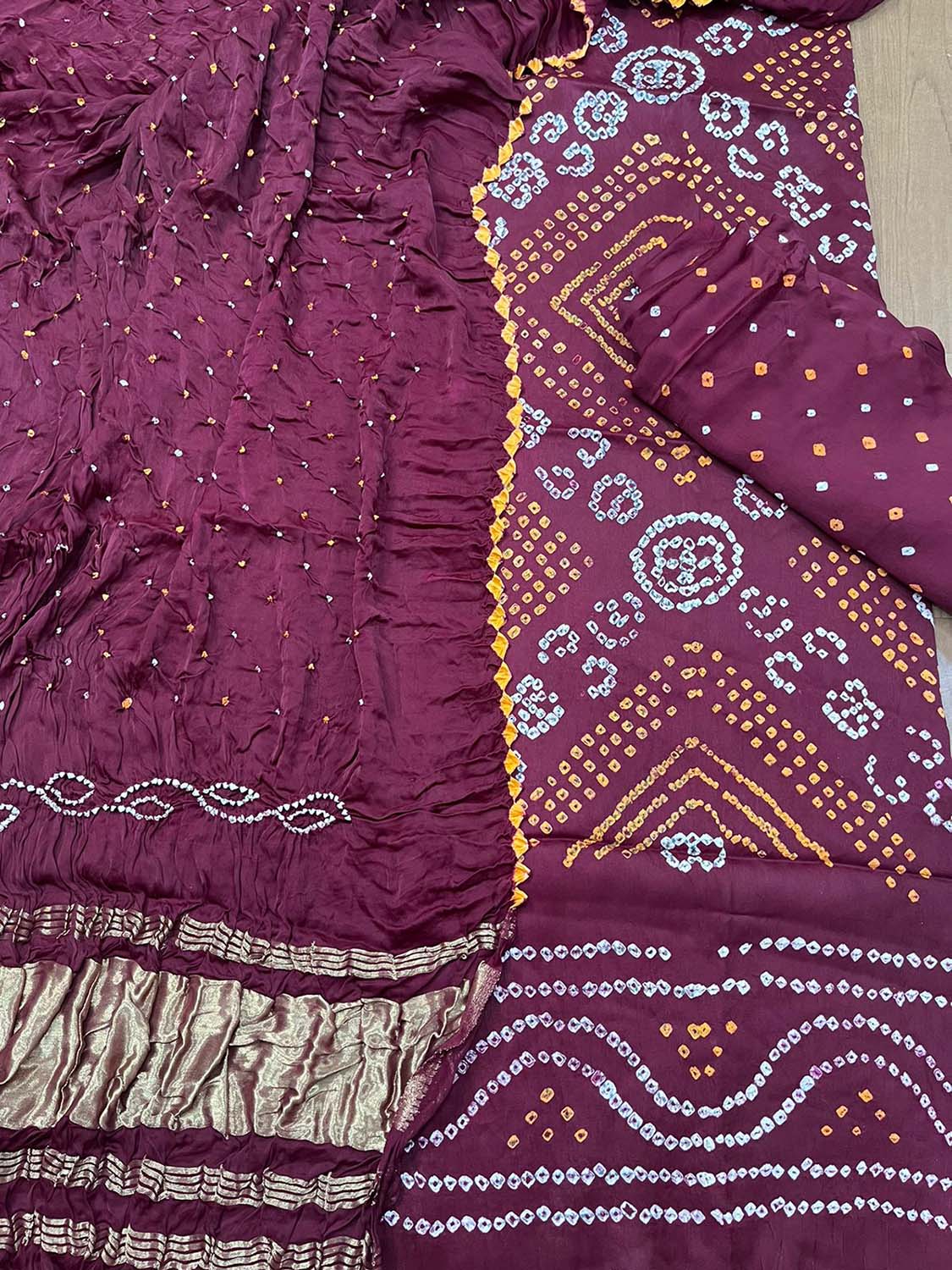 Maroon Bandhani Modal Silk Three Piece Suit Set - Luxurion World