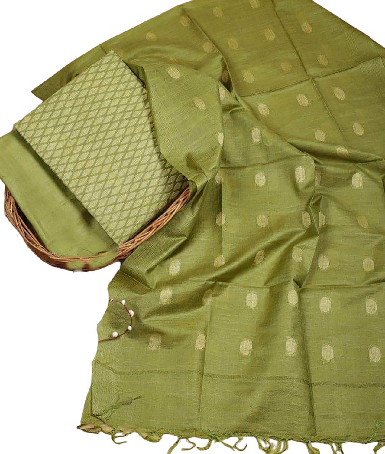 Stylish Green Bhagalpur Cotton Silk Suit Set - Unstitched - Luxurion World