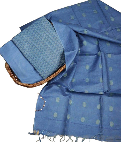 Stylish Blue Bhagalpur Cotton Silk Suit Set - Unstitched 3-Piece - Luxurion World