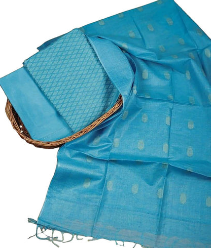 Stylish Blue Bhagalpur Cotton Silk Suit Set - Unstitched