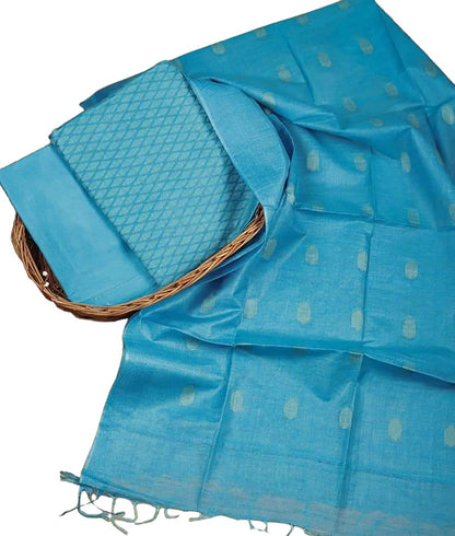Stylish Blue Bhagalpur Cotton Silk Suit Set - Unstitched - Luxurion World