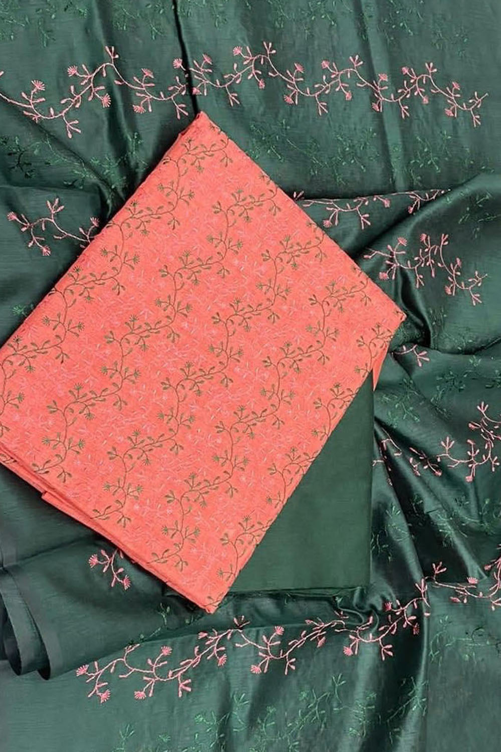 Stunning Green and OrangeTussar Silk Suit with Embroidery - Luxurion World
