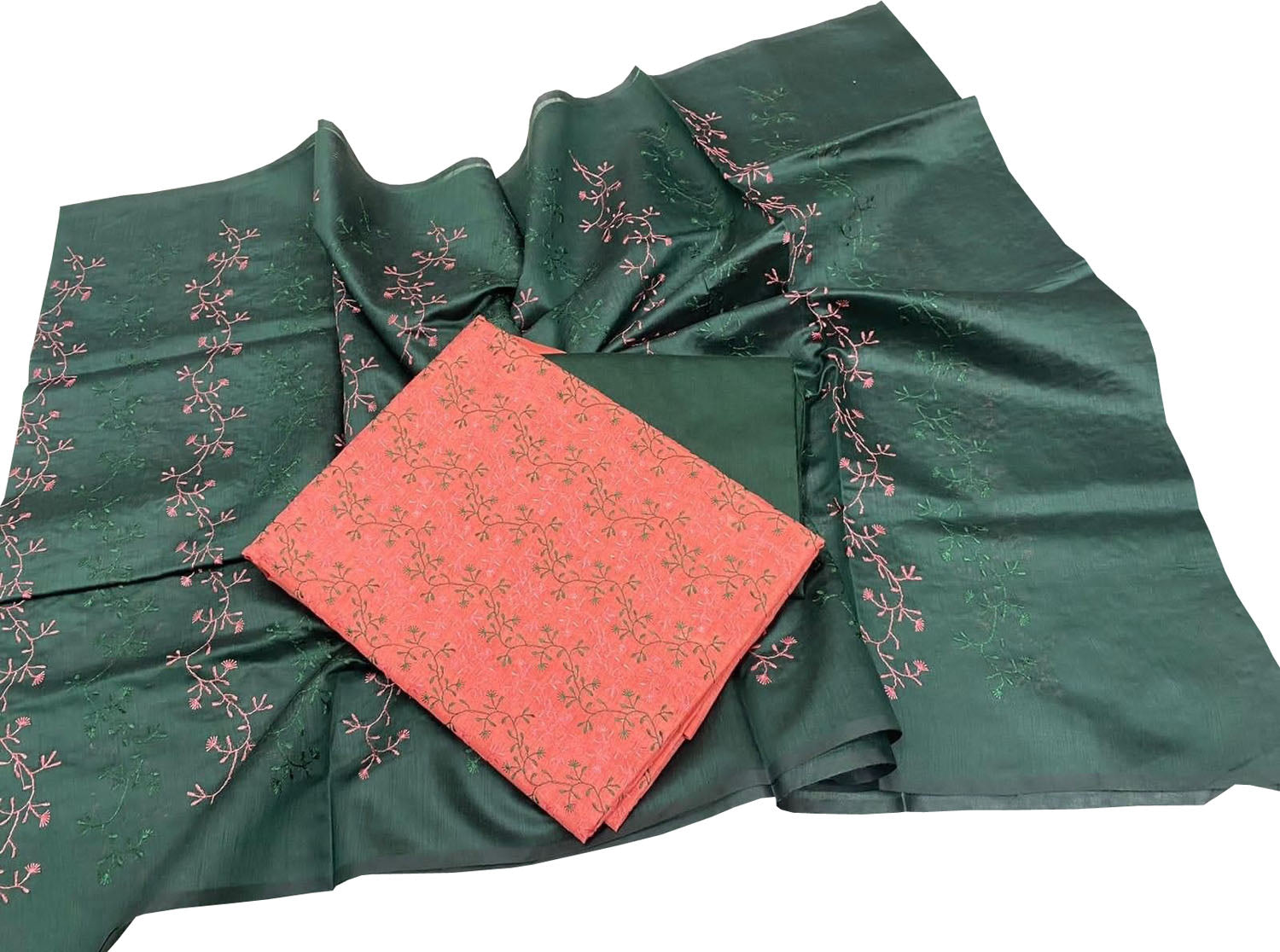 Stunning Green and OrangeTussar Silk Suit with Embroidery