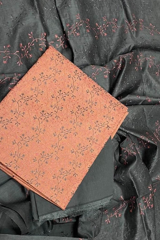 Stunning Black & Orange Bhagalpur Tussar Silk Suit with Embroidery - Unstitched Set
