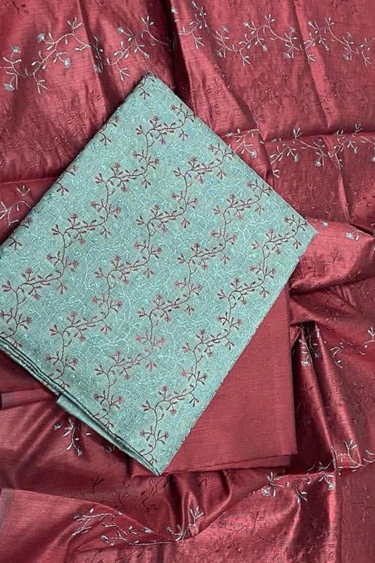 Stunning Maroon & Blue Tussar Silk Embroidered Suit Set - Luxurion World