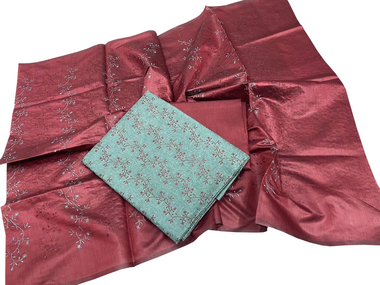 Stunning Maroon & Blue Tussar Silk Embroidered Suit Set - Luxurion World