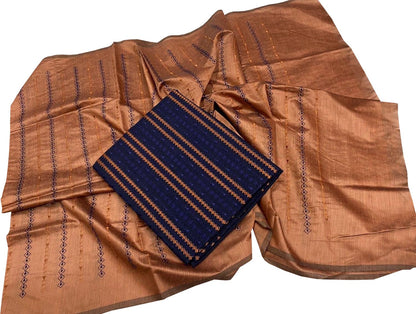 Stunning Orange and Blue Bhagalpur Tussar Silk Suit Set with Embroidery - Luxurion World