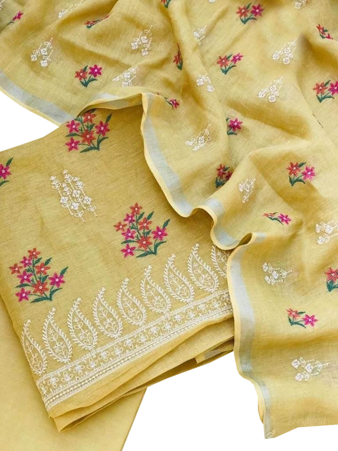 Stunning Yellow Linen Bhagalpur Embroidered Suit - 3 Piece Unstitched Set - Luxurion World