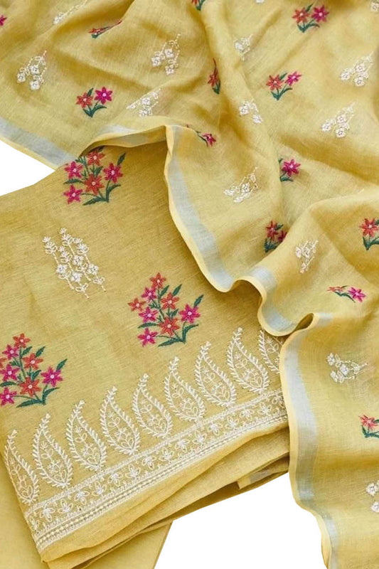 Stunning Yellow Linen Bhagalpur Embroidered Suit - 3 Piece Unstitched Set