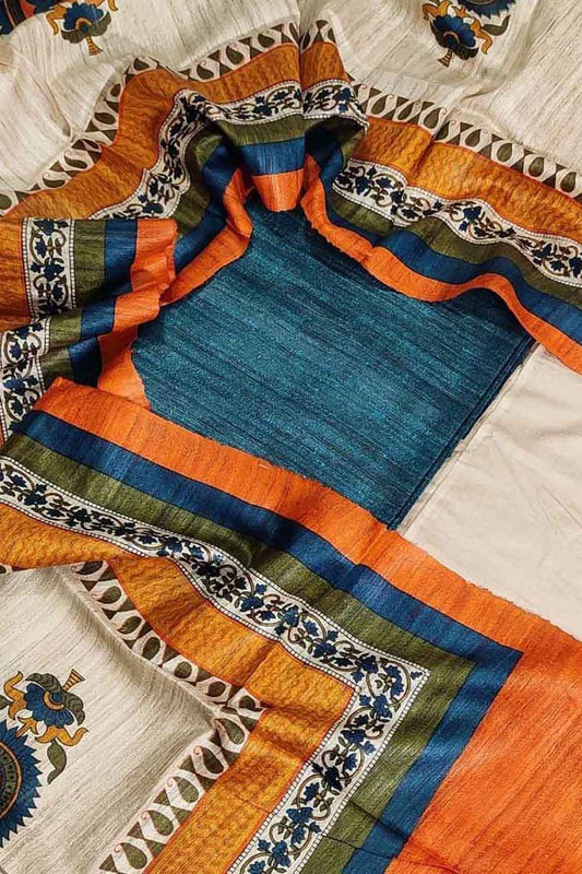 Pastel Bhagalpur Tussar Gicha Suit With Digital Printed Dupatta Three Piece Set - Luxurion World