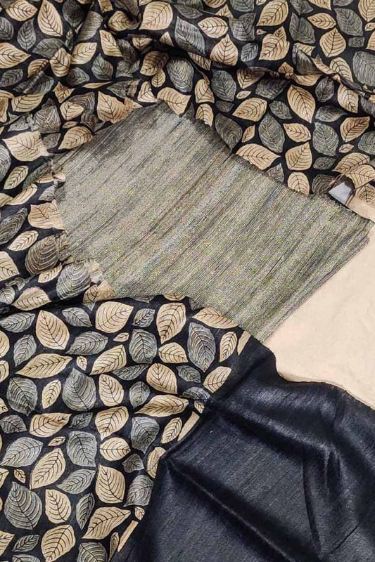 Black Bhagalpur Tussar Gicha Suit With Digital Printed Dupatta Three Piece Set - Luxurion World