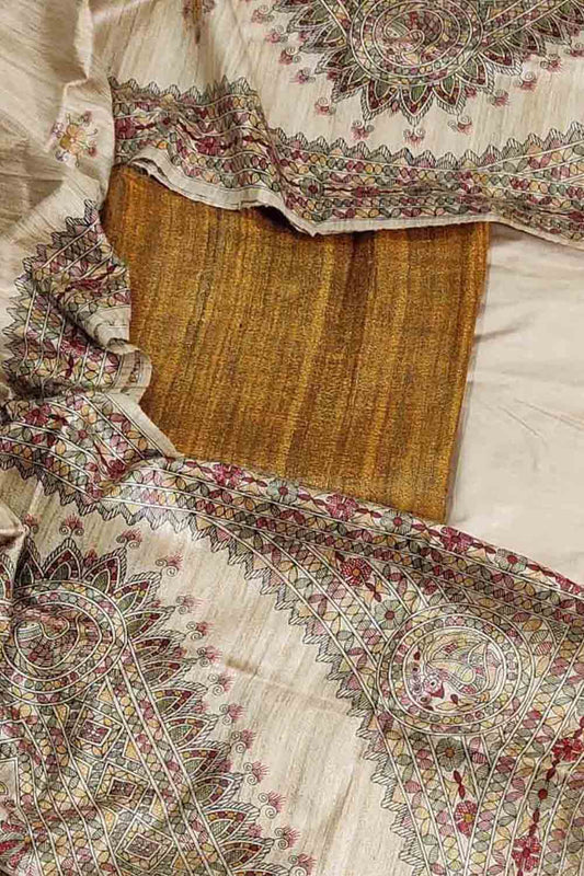 Pastel Bhagalpur Tussar Gicha Suit With Digital Printed Dupatta Three Piece Set - Luxurion World