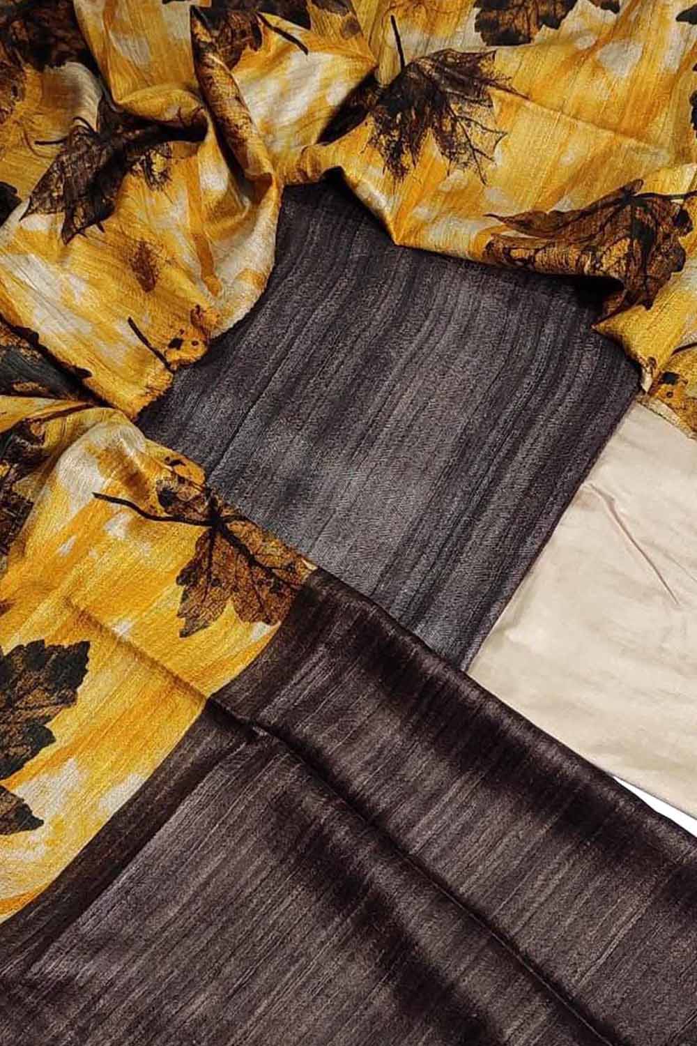Yellow Bhagalpur Tussar Gicha Suit With Digital Printed Dupatta Three Piece Set - Luxurion World