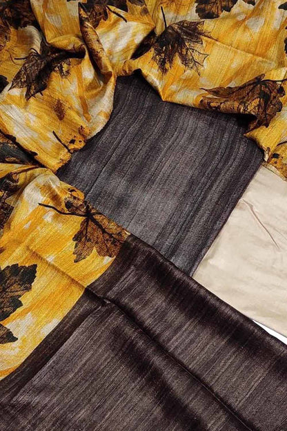 Yellow Bhagalpur Tussar Gicha Suit With Digital Printed Dupatta Three Piece Set - Luxurion World