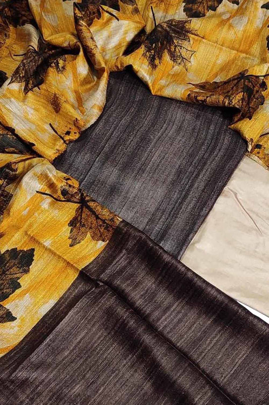 Yellow Bhagalpur Tussar Gicha Suit With Digital Printed Dupatta Three Piece Set - Luxurion World