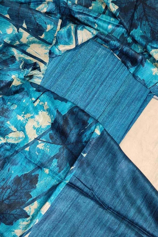 Blue Bhagalpur Tussar Gicha Suit With Digital Printed Dupatta Three Piece Set - Luxurion World