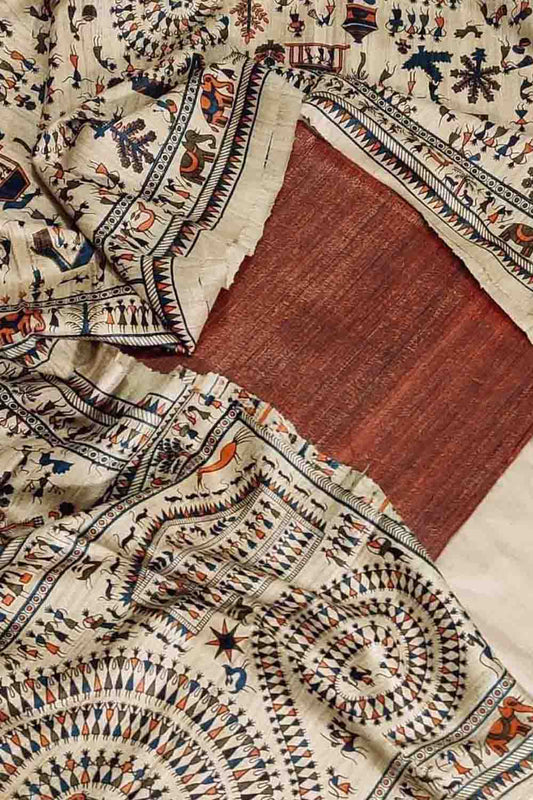 Pastel Bhagalpur Tussar Gicha Suit With Digital Printed Dupatta Three Piece Set - Luxurion World