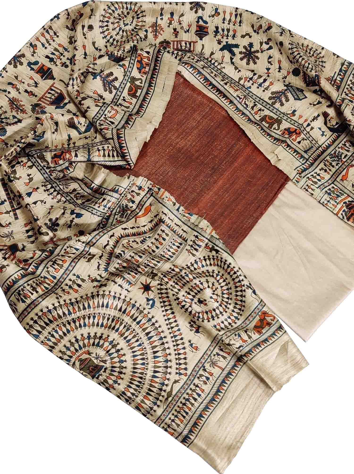 Pastel Bhagalpur Tussar Gicha Suit With Digital Printed Dupatta Three Piece Set - Luxurion World