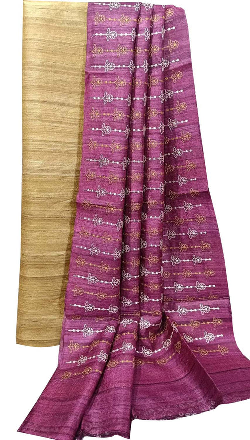 Elegant Pastel Bhagalpur Pure Tussar Ghicha Silk Suit With Embroidery Work - Luxurion World