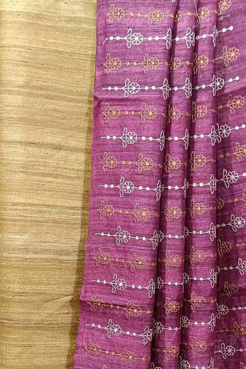 Elegant Pastel Bhagalpur Pure Tussar Ghicha Silk Suit With Embroidery Work - Luxurion World