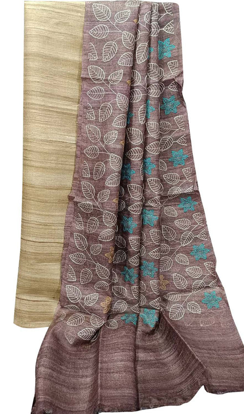 Elegant Pastel Bhagalpur Pure Tussar Ghicha Silk Suit With Embroidery Work - Luxurion World