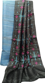 Elegant Blue Bhagalpur Pure Tussar Ghicha Silk Suit With Embroidery Work - Luxurion World