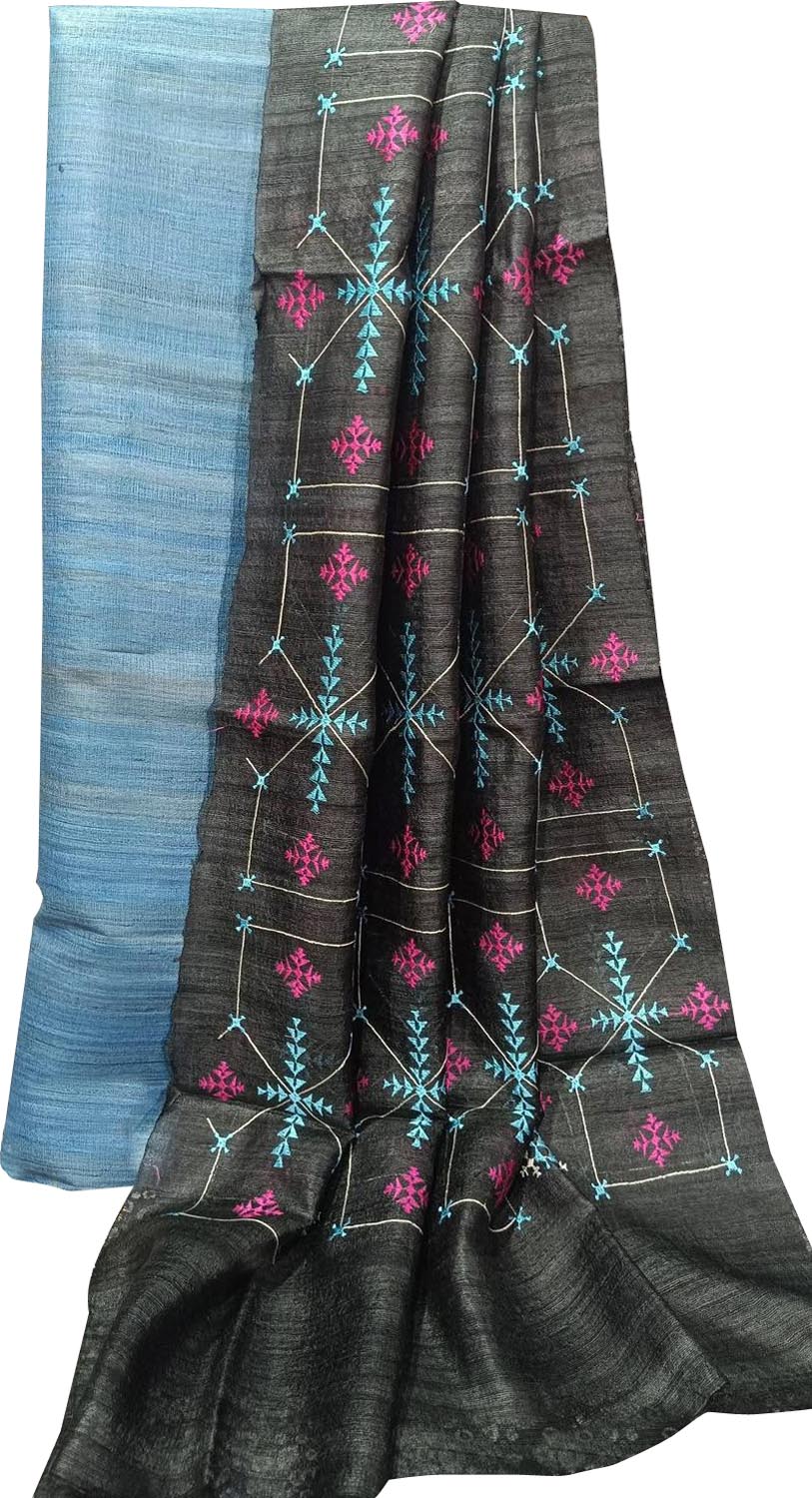 Elegant Blue Bhagalpur Pure Tussar Ghicha Silk Suit With Embroidery Work - Luxurion World