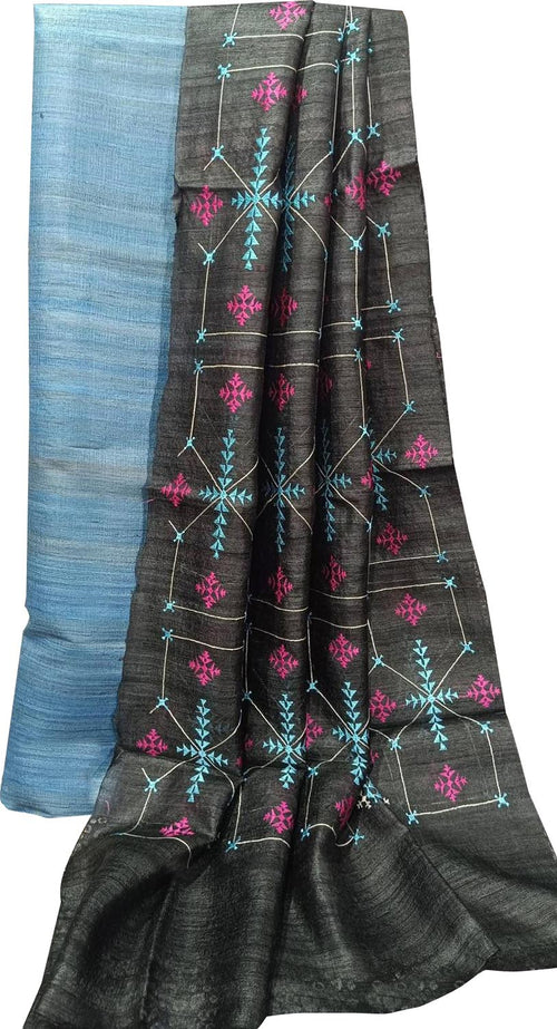 Elegant Blue Bhagalpur Pure Tussar Ghicha Silk Suit With Embroidery Work - Luxurion World