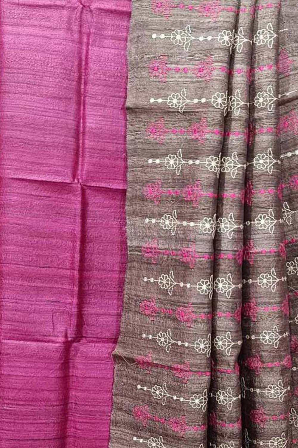 Exquisite Pink Bhagalpur Pure Tussar Ghicha Silk Suit With Embroidery Work - Luxurion World