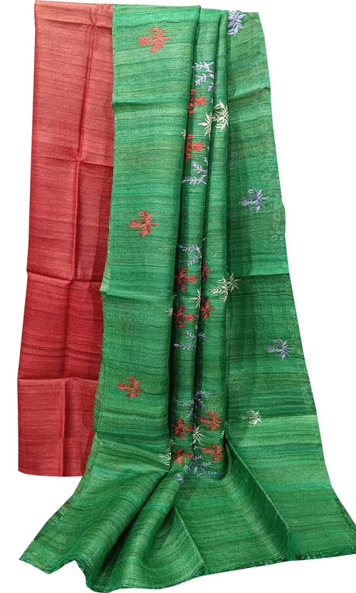 Elegant Red Bhagalpur Pure Tussar Ghicha Silk Suit With Embroidery Work - Luxurion World