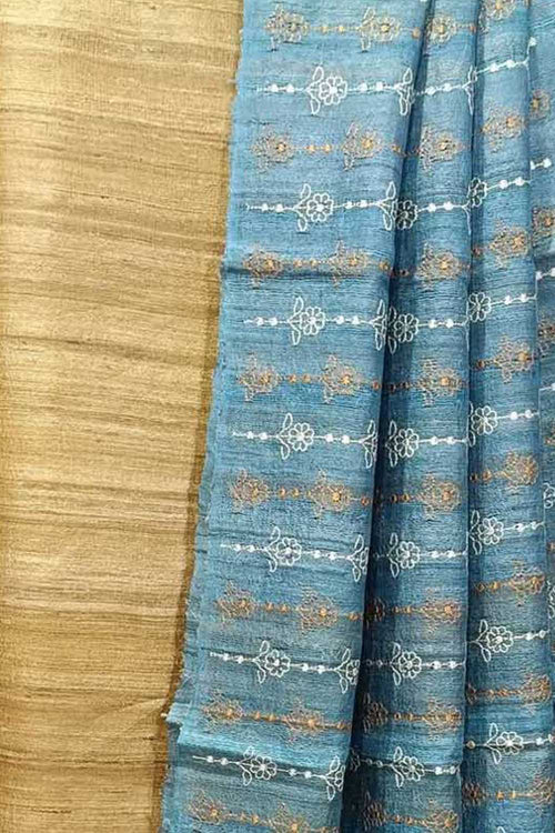 Elegant Pastel Bhagalpur Pure Tussar Ghicha Silk Suit With Embroidery Work - Luxurion World