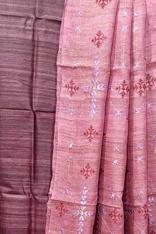Elegant Pink Bhagalpur Pure Tussar Ghicha Silk Suit With Embroidery Work - Luxurion World