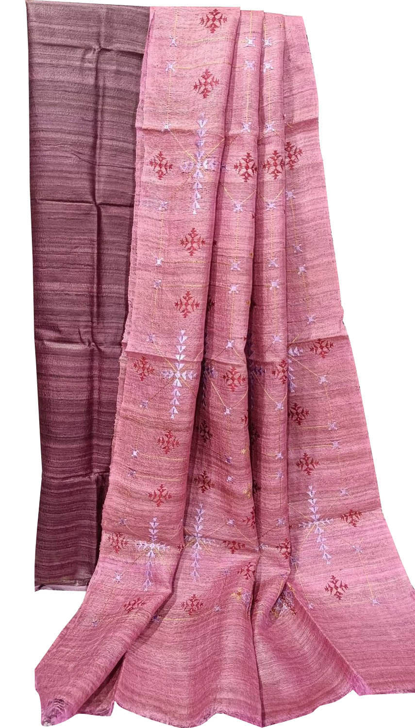 Elegant Pink Bhagalpur Pure Tussar Ghicha Silk Suit With Embroidery Work - Luxurion World