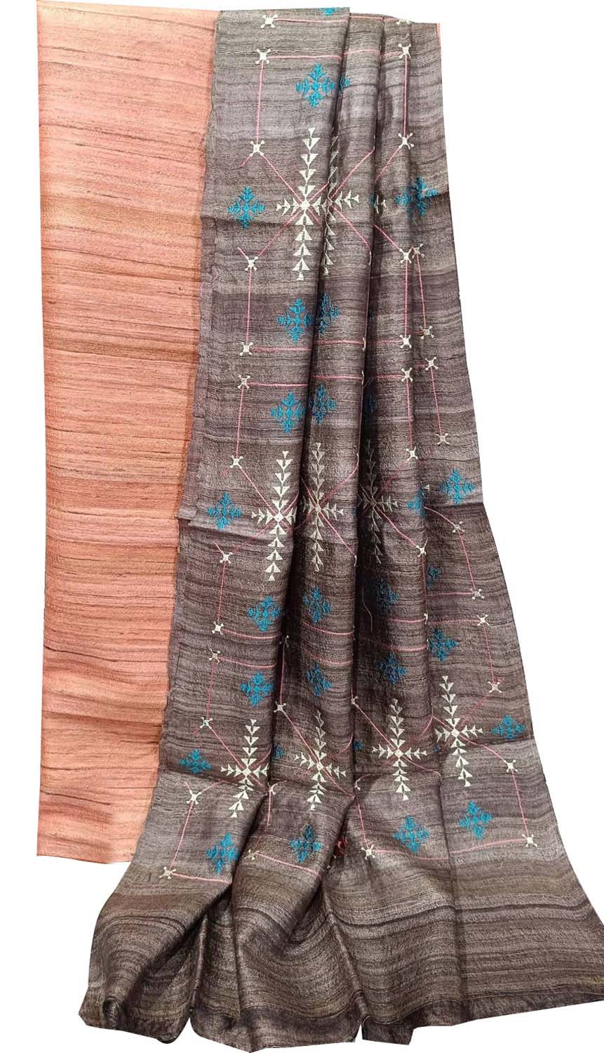 Elegant Orange Bhagalpur Pure Tussar Ghicha Silk Suit With Embroidery Work - Luxurion World