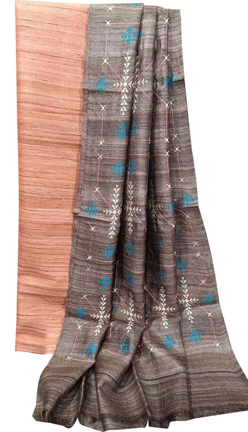Elegant Orange Bhagalpur Pure Tussar Ghicha Silk Suit With Embroidery Work - Luxurion World