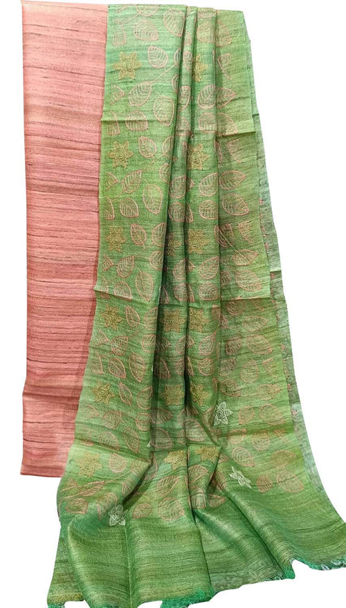Elegant Orange Bhagalpur Pure Tussar Ghicha Silk Suit With Embroidery Work - Luxurion World