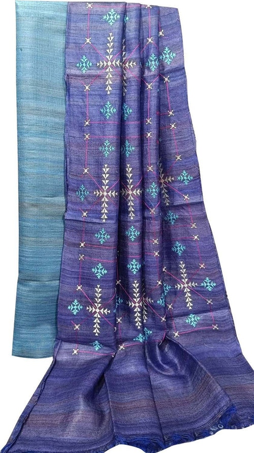 Elegant Blue Bhagalpur Pure Tussar Ghicha Silk Suit With Embroidery Work - Luxurion World