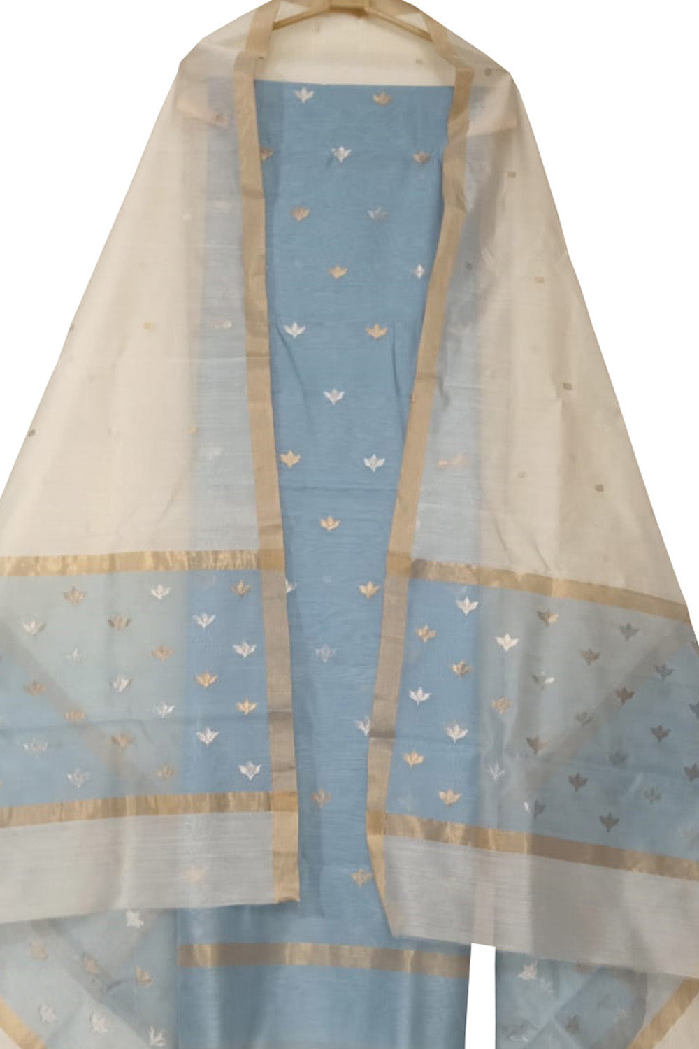 Chic Off White & Blue Chanderi Handloom Suit Set - Luxurion World