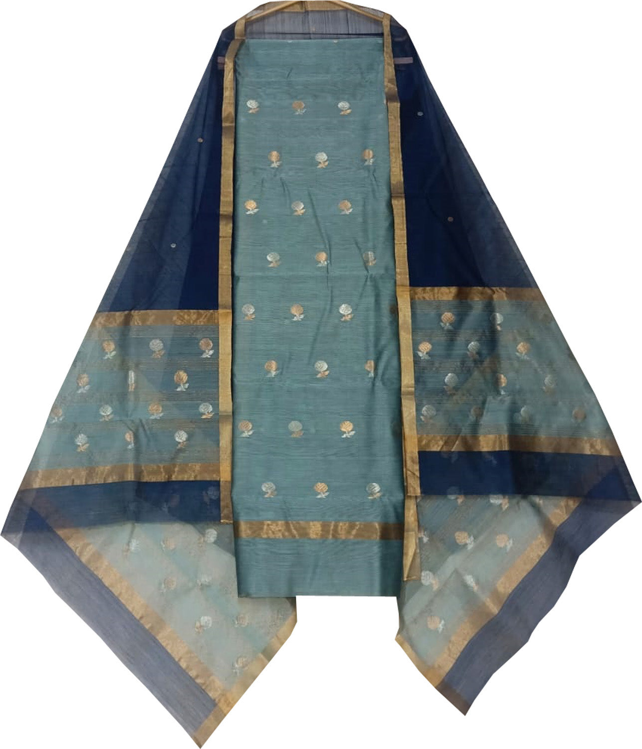 Blue & Green Chanderi Handloom Cotton Silk Suit Set - Luxurion World