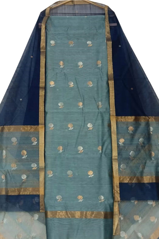 Blue & Green Chanderi Handloom Cotton Silk Suit Set - Luxurion World