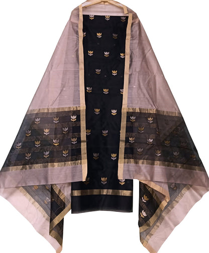 Black And Pastel Chanderi Handloom Silk Cotton Two Piece Unstitched Suit