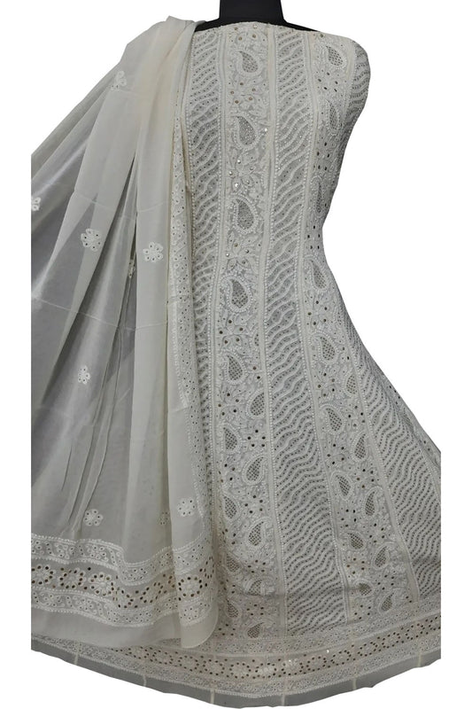 Dyeable Hand Embroidered Chikankari Pure Georgette Anarkali Unstitched Suit Set With Mukaish Work - Luxurion World