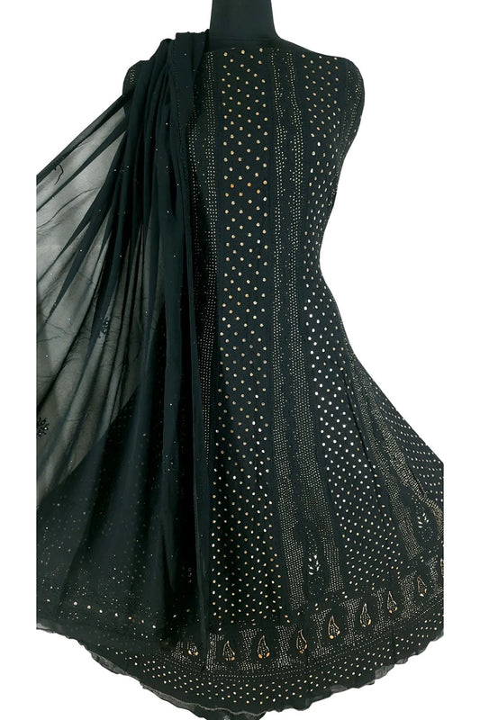 Black Hand Embroidred Chikankari Pure Georgette Anarkali Unstitched Suit Set With Mukaish Work - Luxurion World